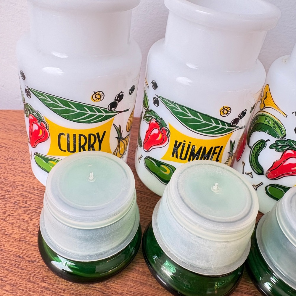 Vintage Kitchen Decor Colorful Spice Jars with Green Lids French Farmhouse Jars - Picture 8 of 13
